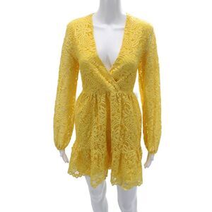 Kaos Women Yellow Floral Mini Wrap Dress V-Neck Long Sleeve Beach Size 42